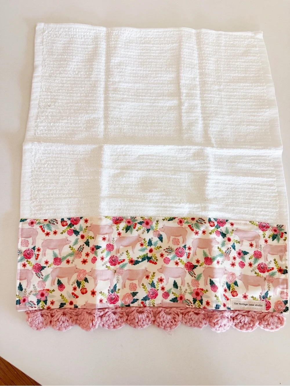 Handmade Pink Floral & Polka Dot Kitchen Towel with Crochet Edge